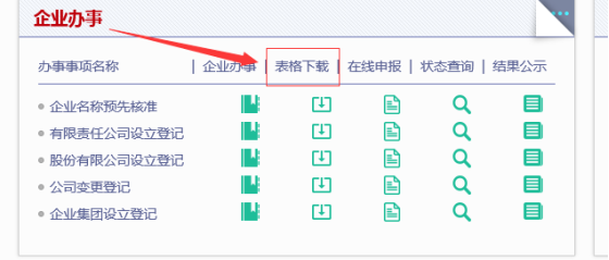 企業(yè)注冊(cè)局名稱(chēng)登記表格下載界面