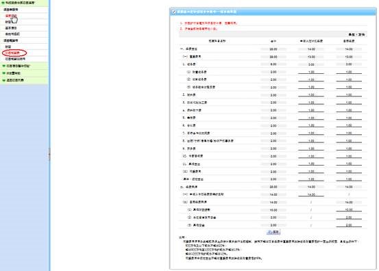 項目概算書的填寫頁面