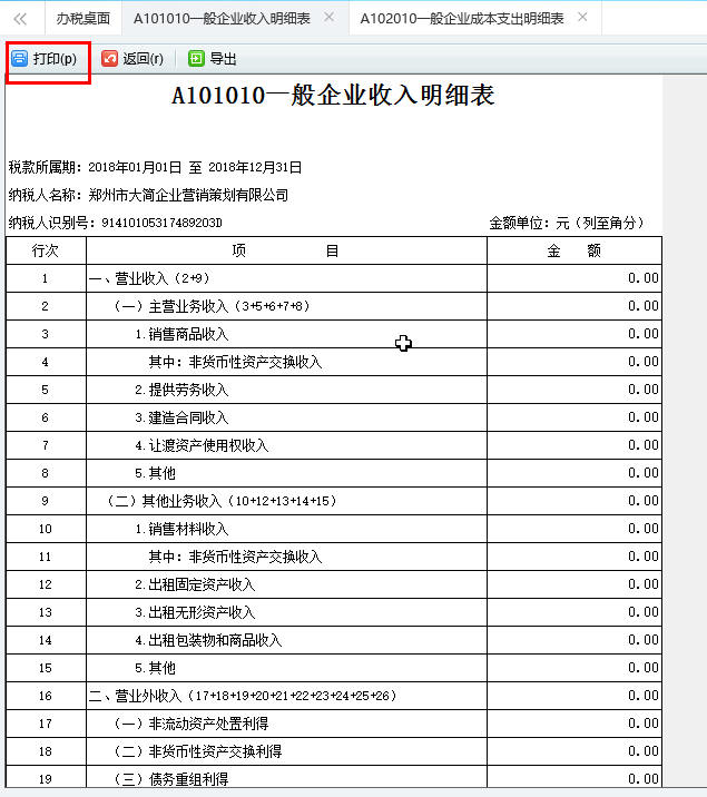 河南省A101010一般企業(yè)收入明細表打印預覽頁面