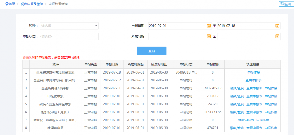 申報結(jié)果查詢界面